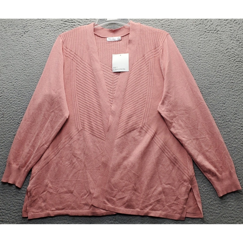 89th & Madison Cardigan Womens 1X Pink Chevron Knit Long Sleeve Cozy Open Front